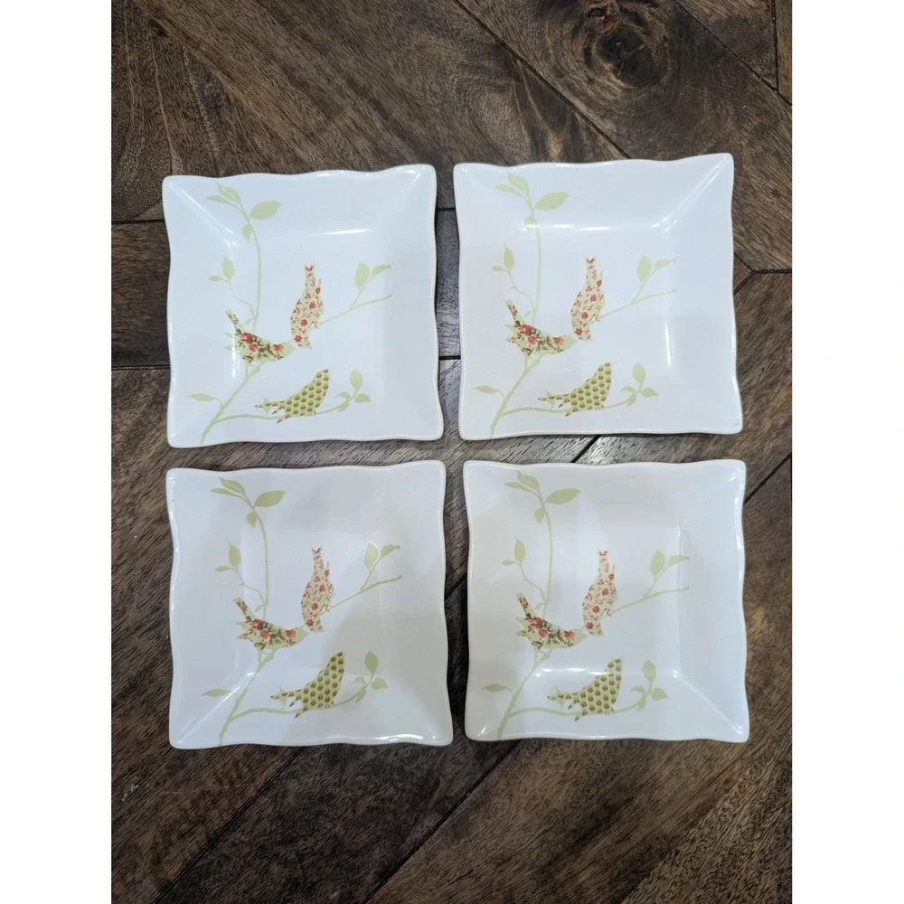 222 Fifth Chintz Birds Square Appetizer Plates Set of 4 White Floral Birds 5.5in